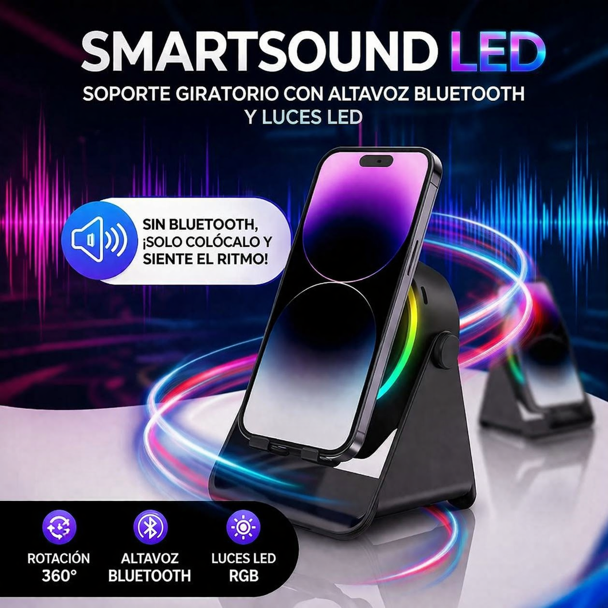 SmartSound LED - Soporte Giratorio con Altavoz y Luces LED