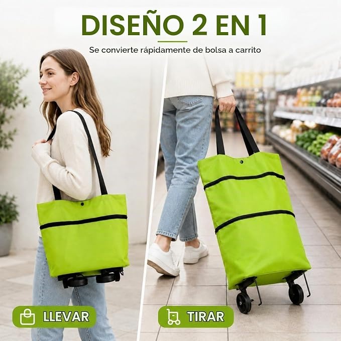 Carrito de Compras Plegable 2 en 1 con Ruedas